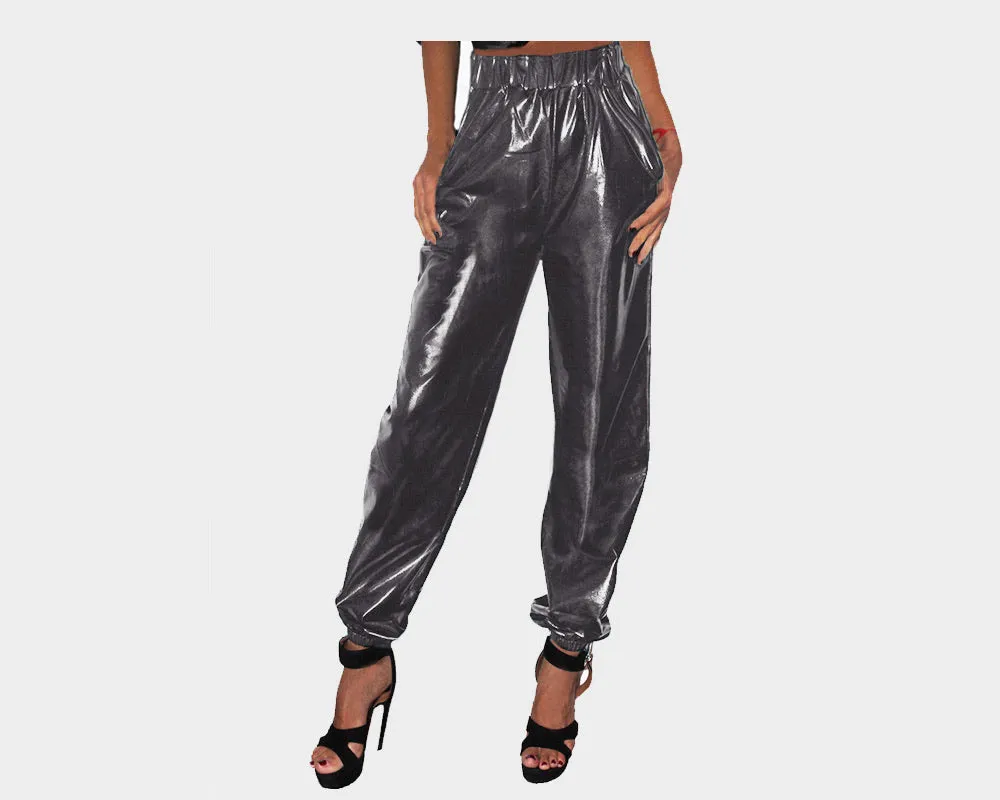 2 Moon Gray & Silver Wet look Weekender Pants - The Park Avenue