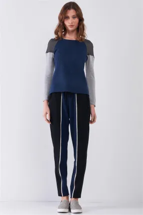 Black & Navy Colorblock High-Waisted Self-Tie Waistline Side Pockets Chinos Pants /1-2-2-1