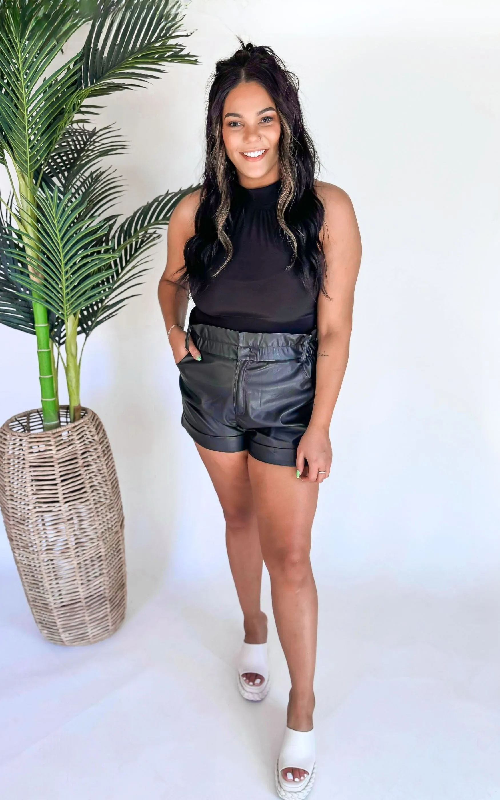 Black Leather Paper Bag Shorts