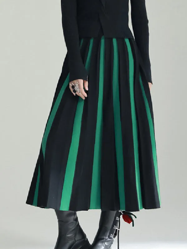 Contrast Color Pleated A-line Loose Skirts Bottoms Long Skirts