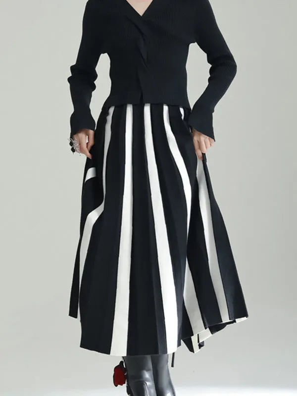 Contrast Color Pleated A-line Loose Skirts Bottoms Long Skirts