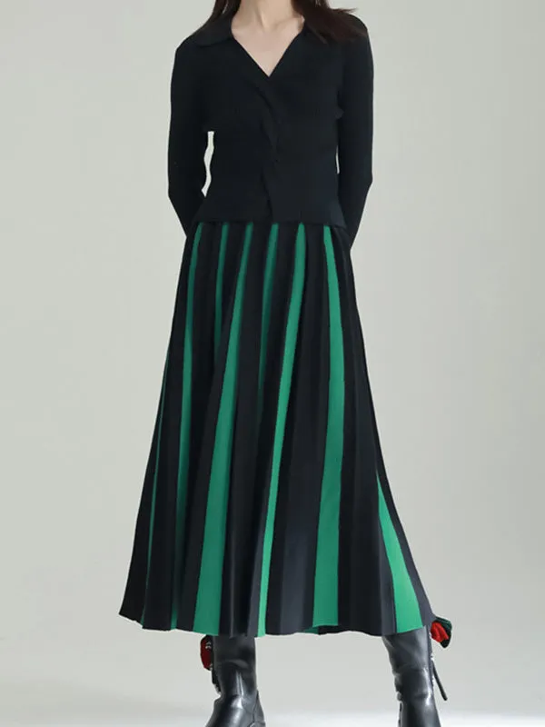 Contrast Color Pleated A-line Loose Skirts Bottoms Long Skirts