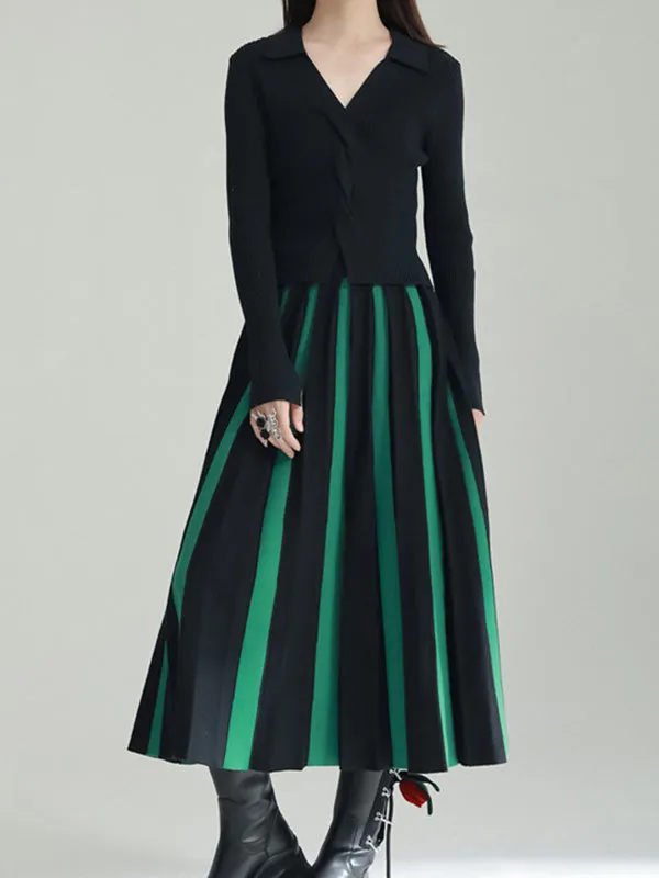 Contrast Color Pleated A-line Loose Skirts Bottoms Long Skirts