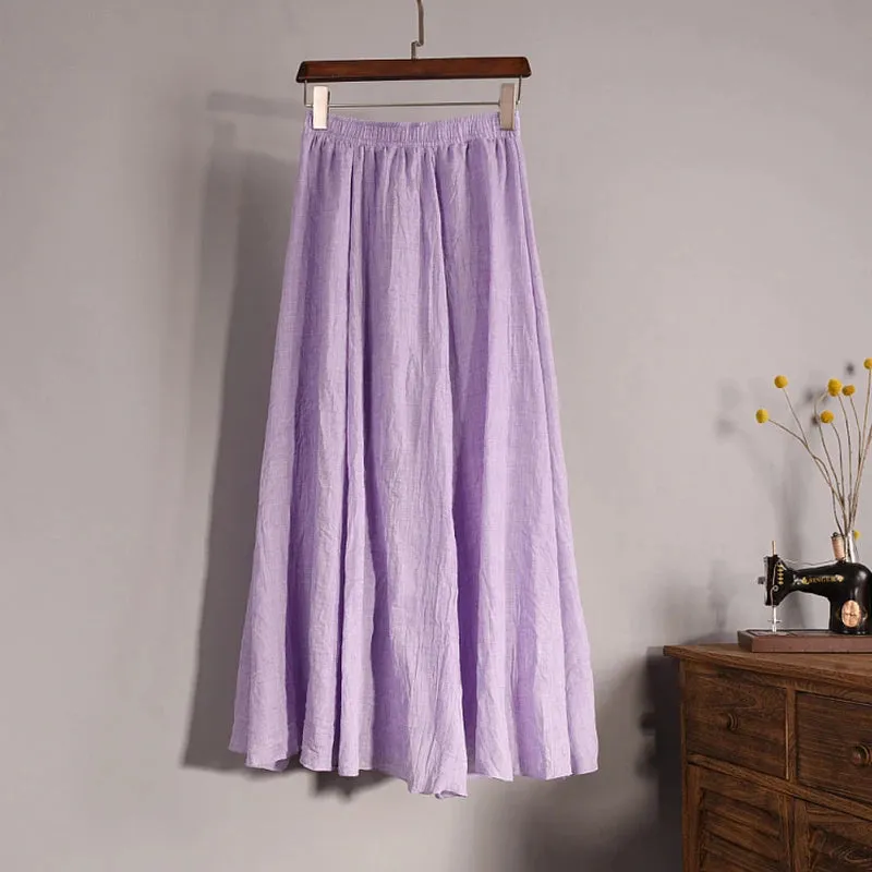 Cotton Linen Skirts For Women High Waist A-line Long Pleated Skirt Casual Solid Color Elastic Waist Summer Beach Skirt