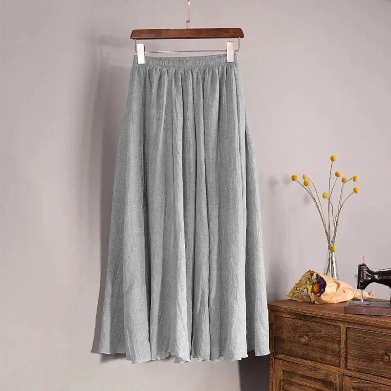 Cotton Linen Skirts For Women High Waist A-line Long Pleated Skirt Casual Solid Color Elastic Waist Summer Beach Skirt