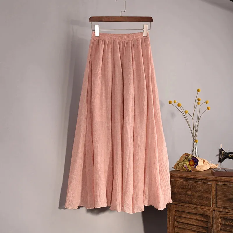 Cotton Linen Skirts For Women High Waist A-line Long Pleated Skirt Casual Solid Color Elastic Waist Summer Beach Skirt