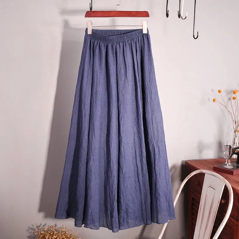 Cotton Linen Skirts For Women High Waist A-line Long Pleated Skirt Casual Solid Color Elastic Waist Summer Beach Skirt