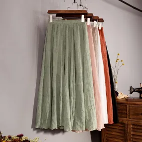 Cotton Linen Skirts For Women High Waist A-line Long Pleated Skirt Casual Solid Color Elastic Waist Summer Beach Skirt