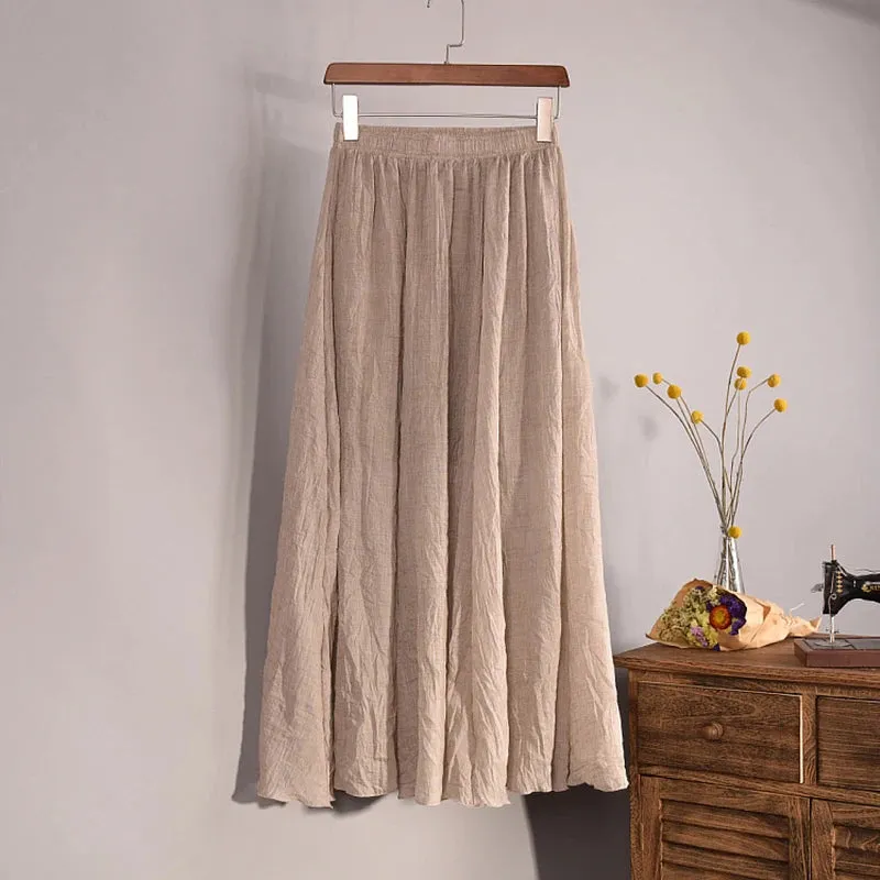 Cotton Linen Skirts For Women High Waist A-line Long Pleated Skirt Casual Solid Color Elastic Waist Summer Beach Skirt