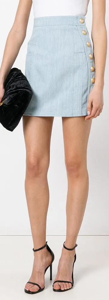 Denim Mini Skirt with Gold Button Embellishments