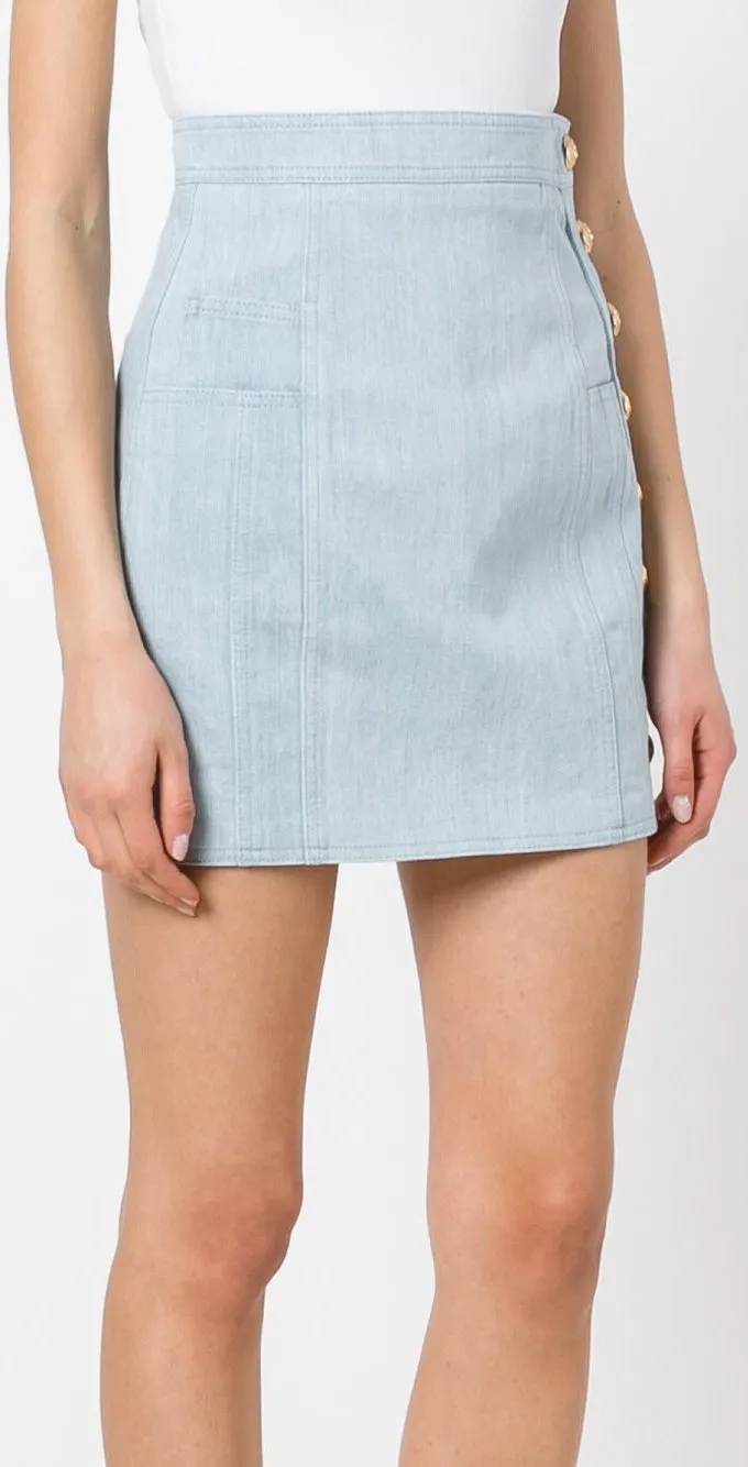 Denim Mini Skirt with Gold Button Embellishments