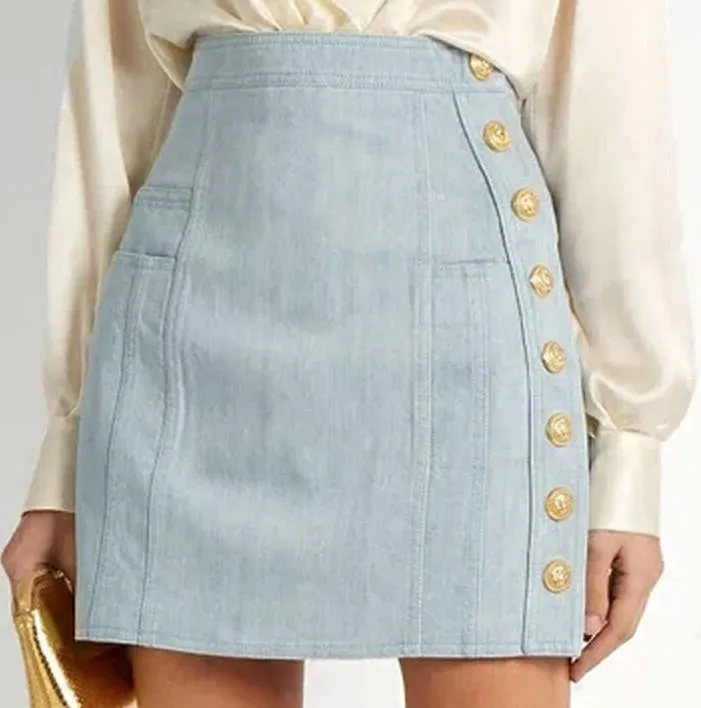 Denim Mini Skirt with Gold Button Embellishments