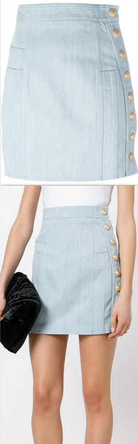 Denim Mini Skirt with Gold Button Embellishments