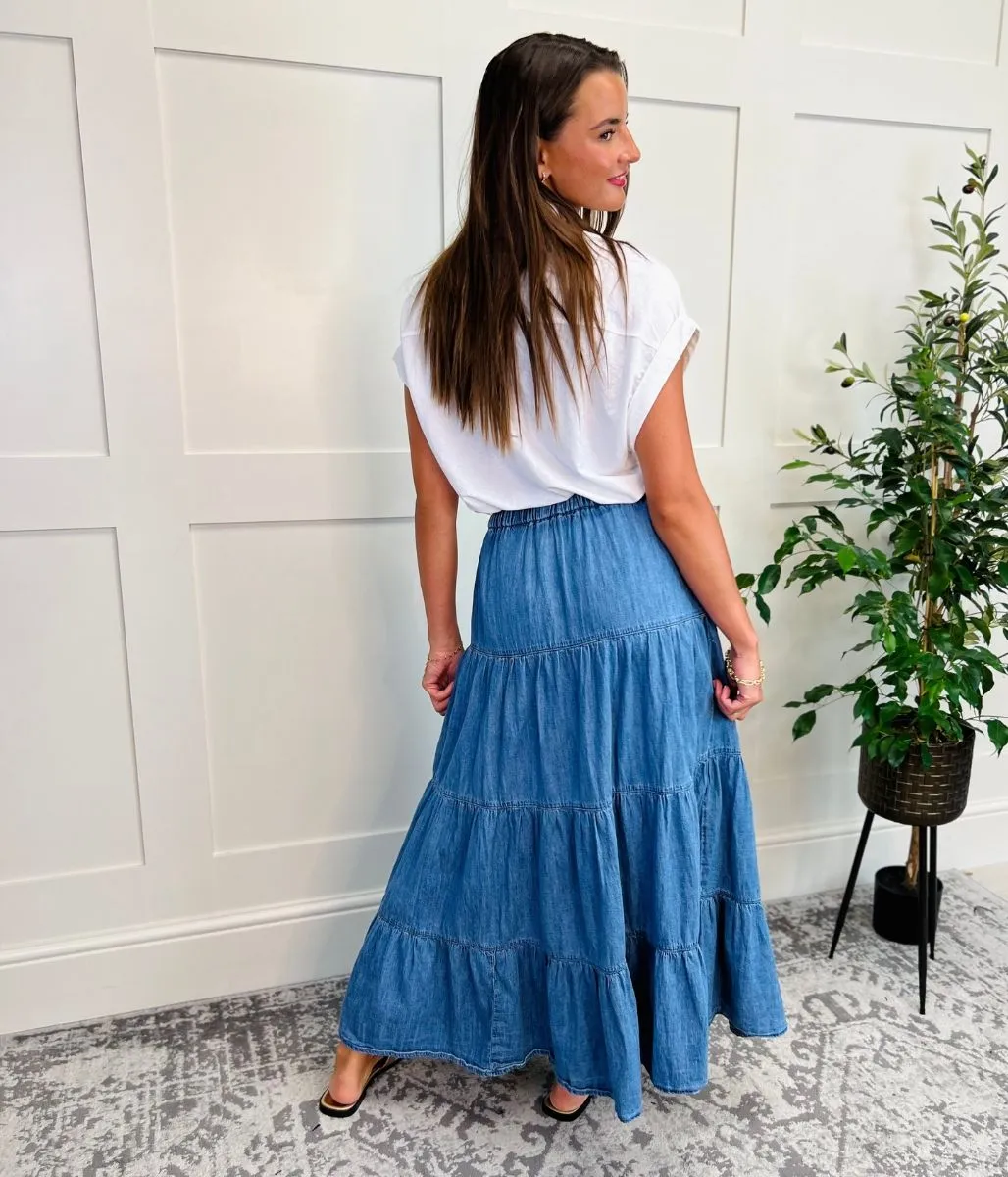 Denim Tiered Midi Skirt