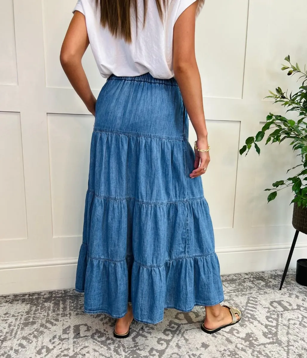 Denim Tiered Midi Skirt