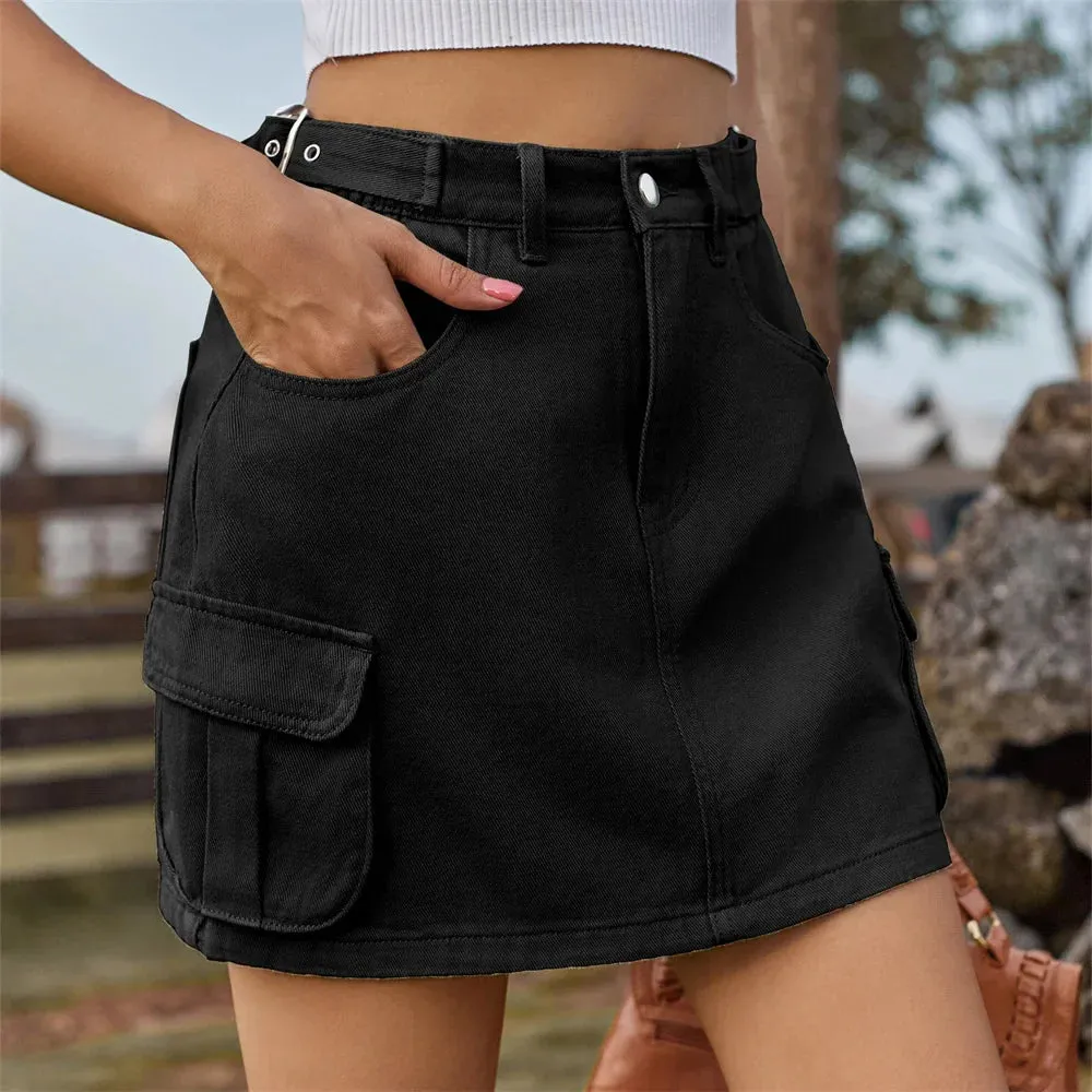 Denim Waist Casual Summer Adjustable Multi-pocket Cargo Washed Skirt