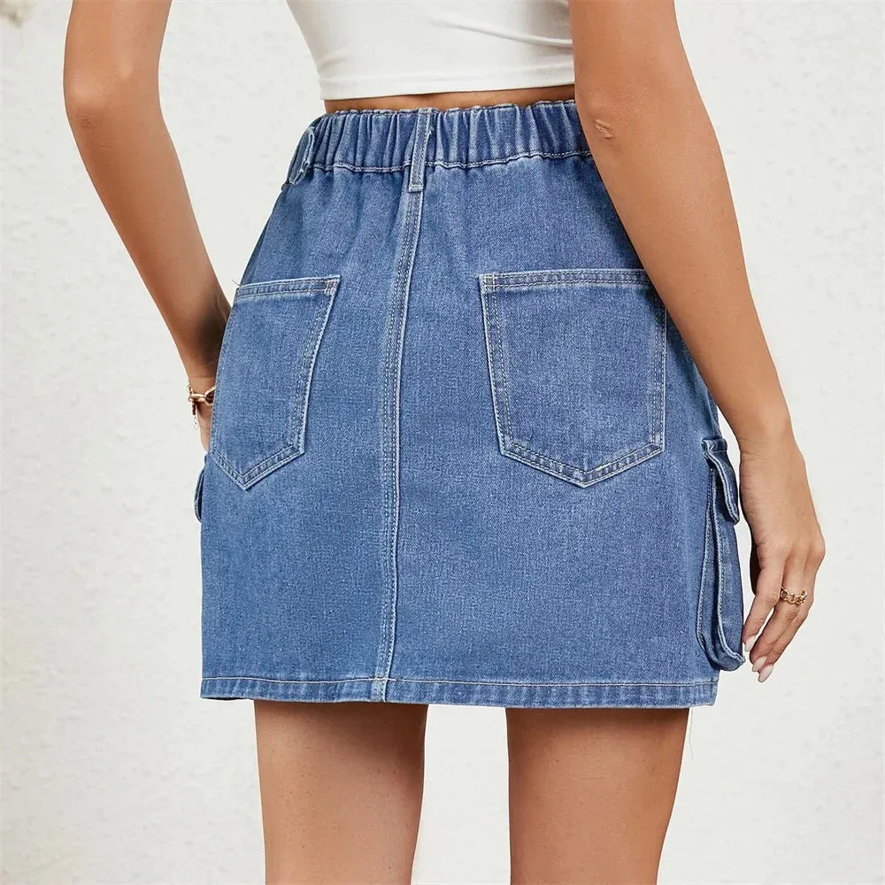 Denim Waist Casual Summer Adjustable Multi-pocket Cargo Washed Skirt