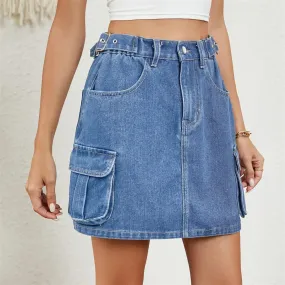 Denim Waist Casual Summer Adjustable Multi-pocket Cargo Washed Skirt