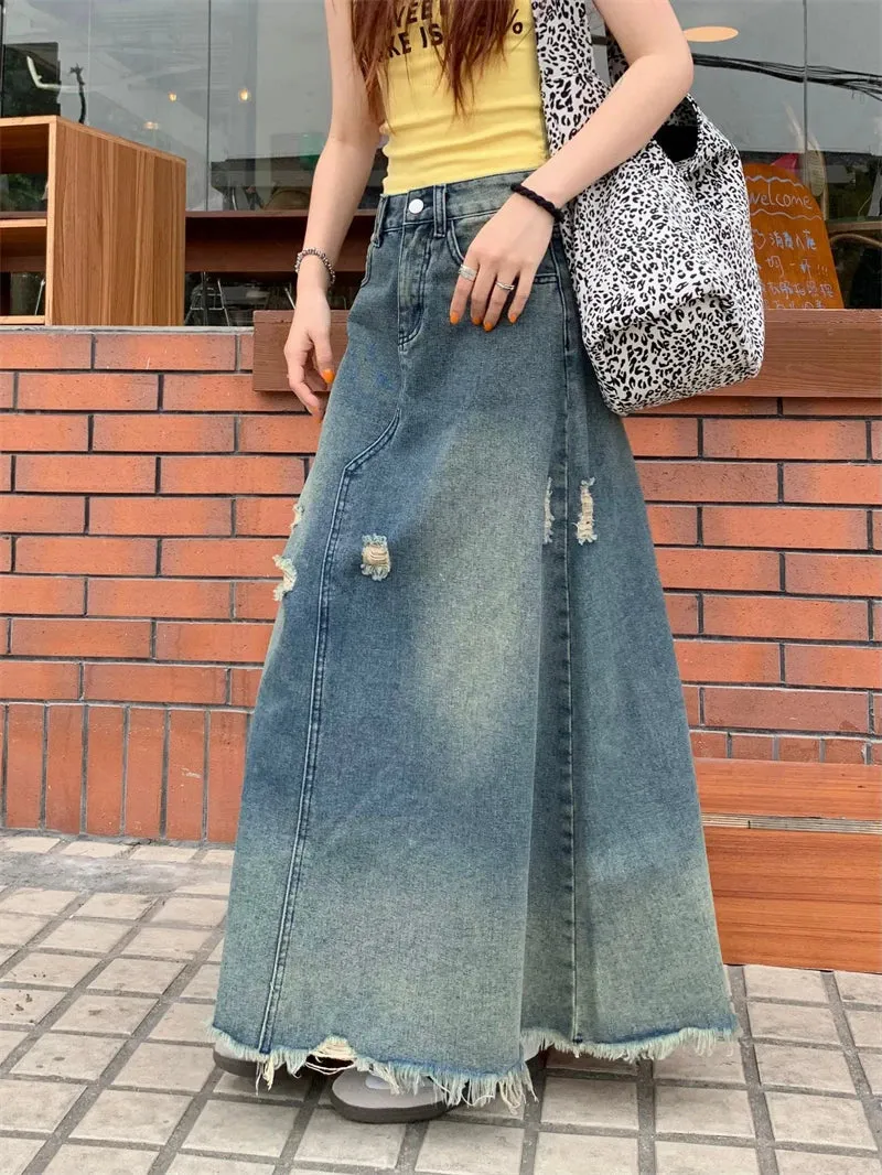 Design Heavy Industry Washed Ripped Raw Hem Long Skirt