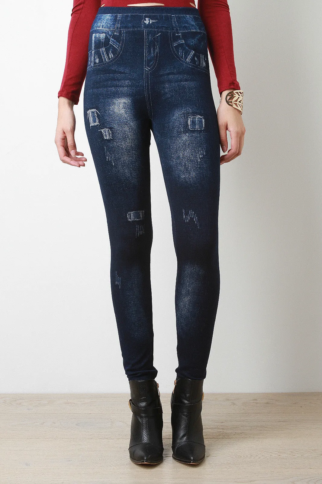 Distressed Denim Print High Waisted Leggings