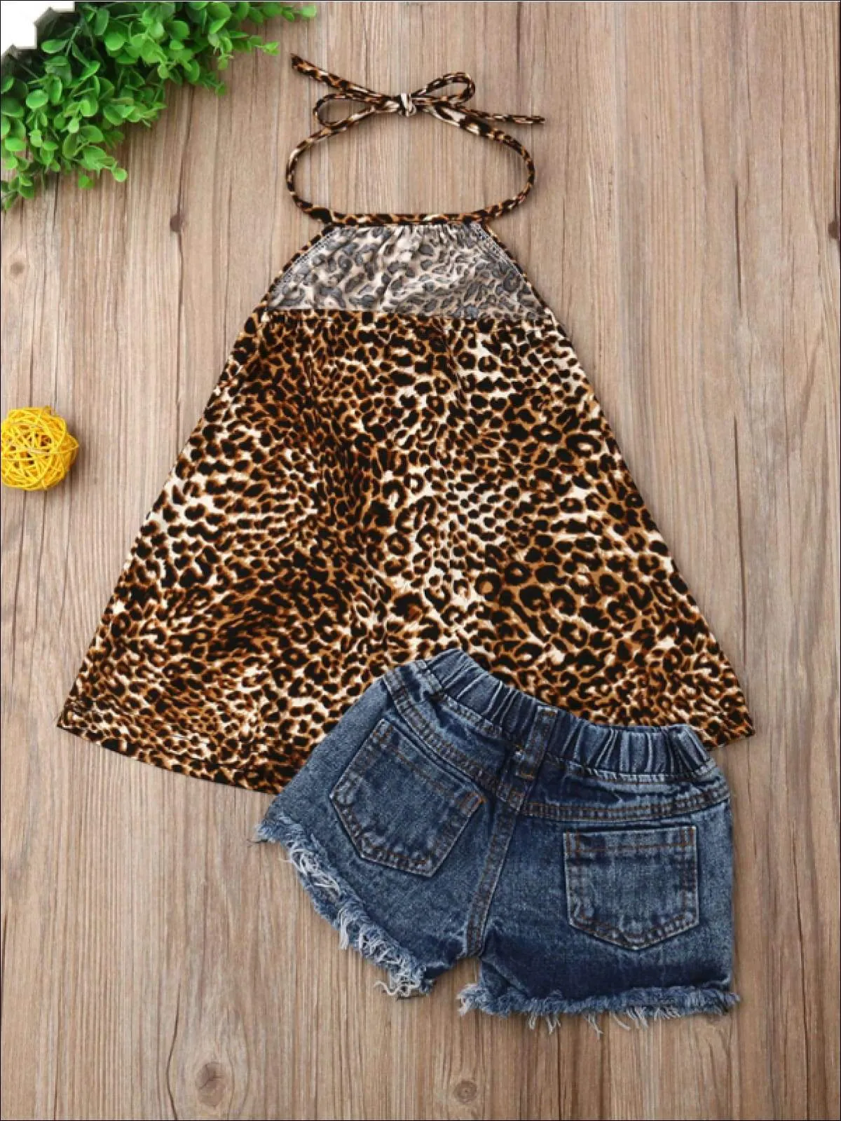 Girls Animal Print Halter Tunic And Matching Denim Shorts with Patch Set