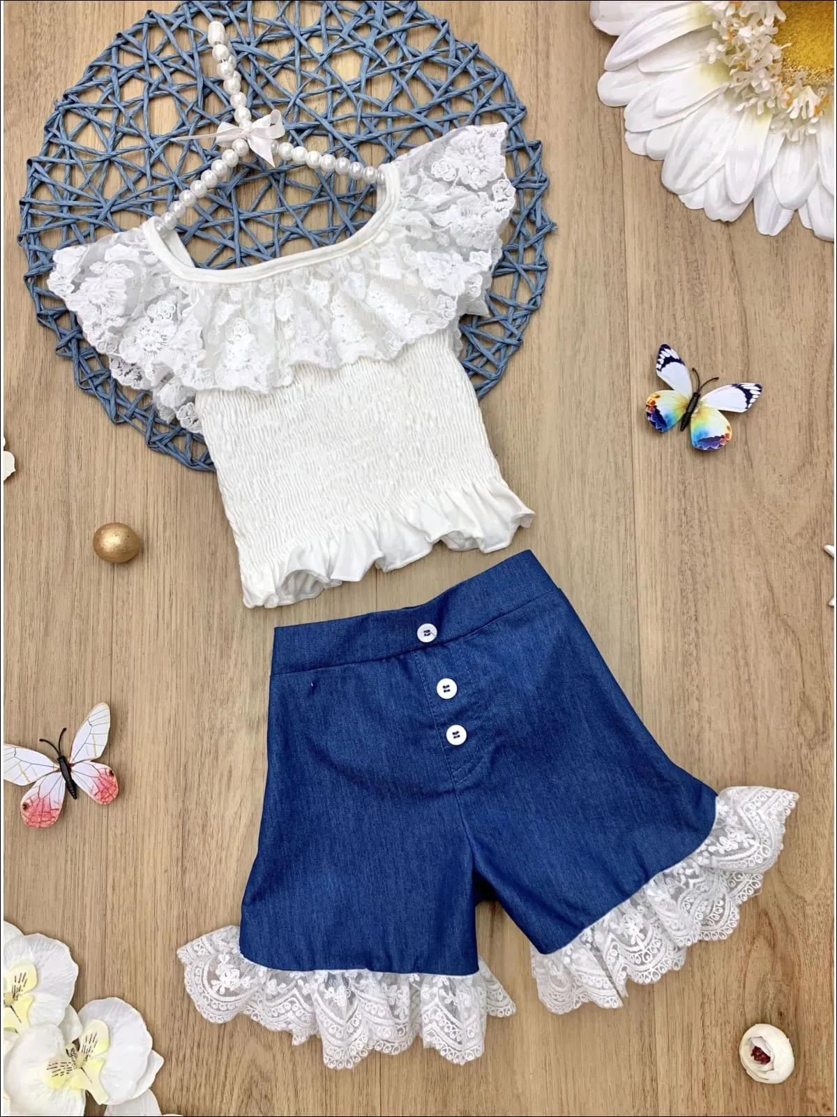 Girls Coastal Cutie Lace Ruffled Top and Denim Short Set