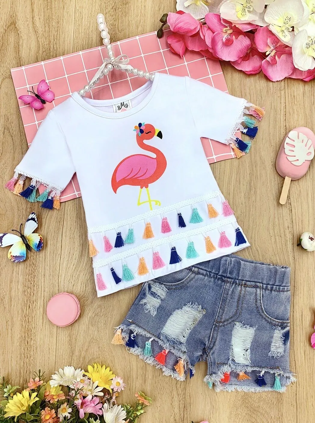 Girls  Friendly Flamingo Tassel Top and Denim Shorts Set