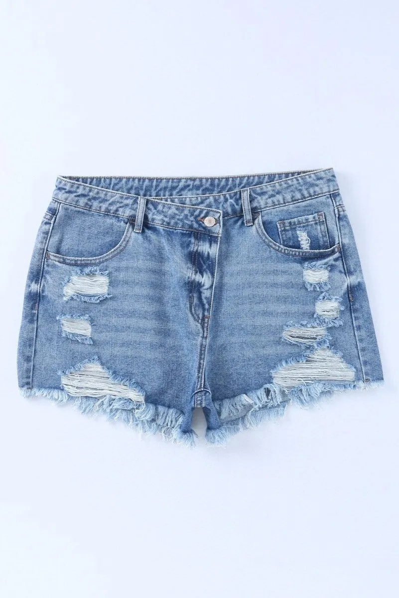 High Rise Crossover Denim Shorts