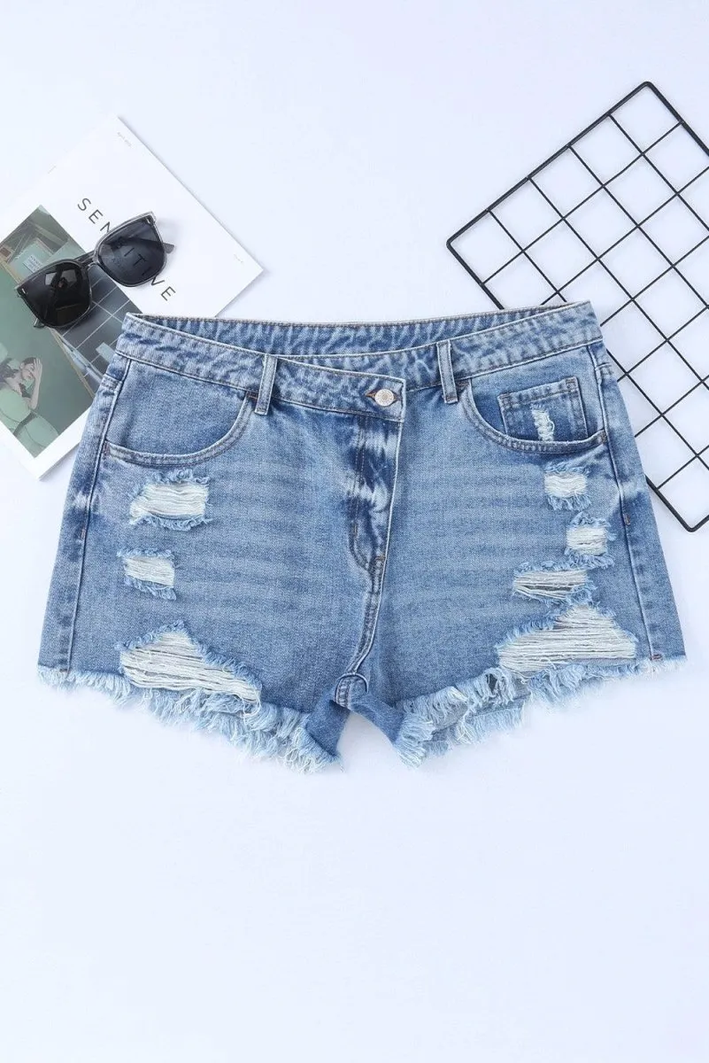 High Rise Crossover Denim Shorts