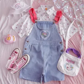 JAPANESE CUTE FLOWER EMBROIDERY DENIM OVERALLS SHORTS BY60002