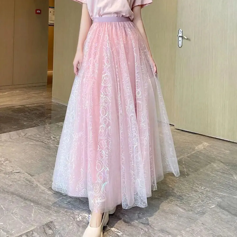 LVSANW Autumn Winter Women Mesh Elastic Tutu Skirt Beach Skirt Spring Summer Korean High Waist Vintage Long Skirt Tulle Skirts Sequin S