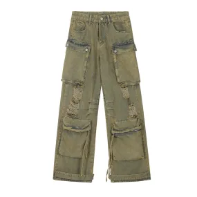 Make Old Ripped Cargo Jeans Men's Dyeing