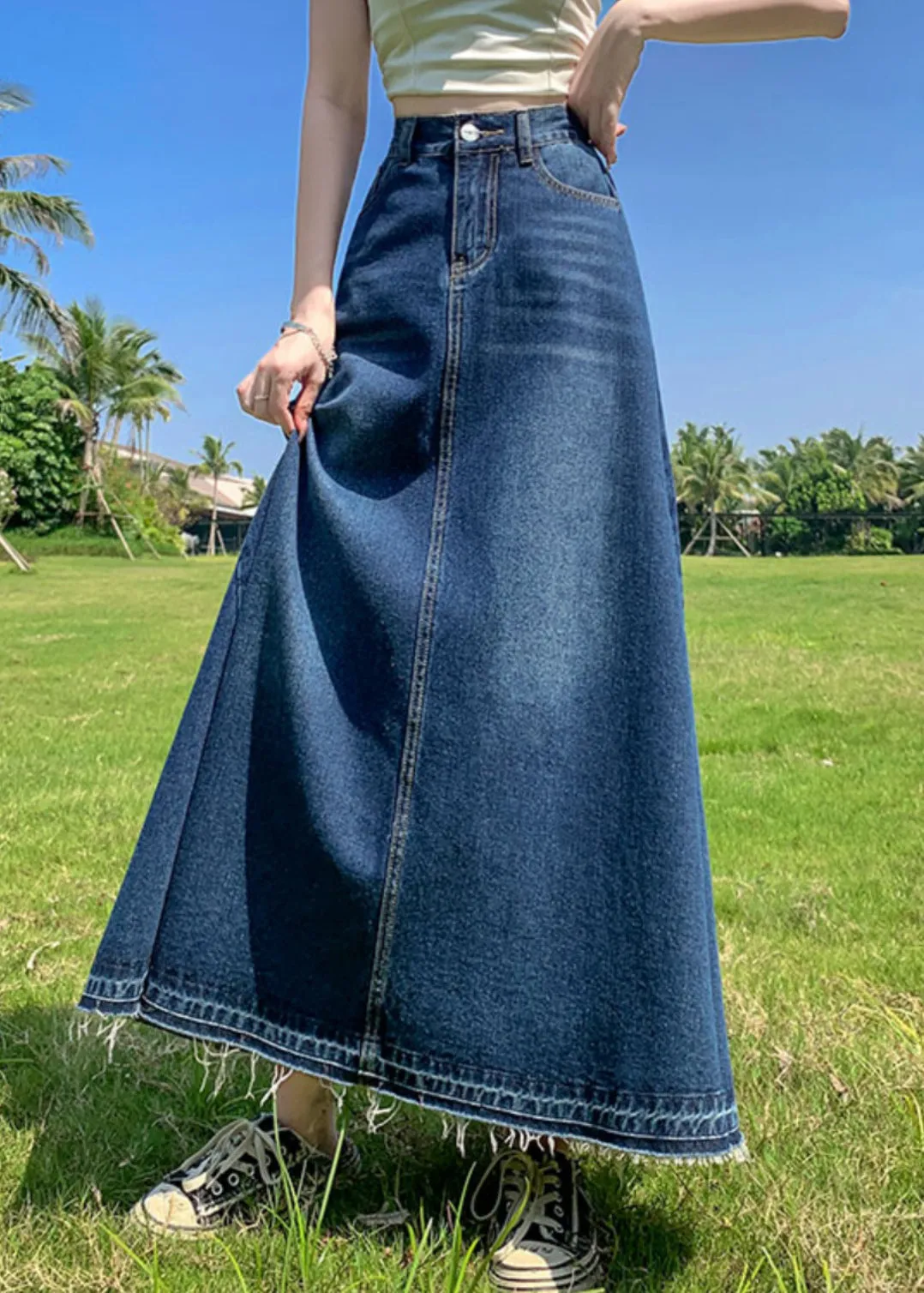 Modern Blue Pockets High Waist Patchwork Denim A Line Skirts Summer LY9114