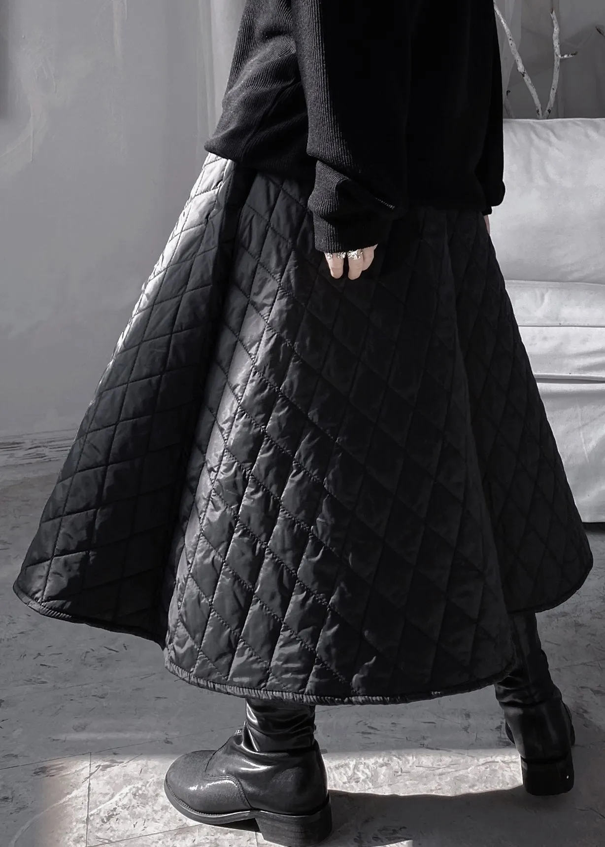 Natural Black Plaid Patchwork Thick A Line Skirts Fall LY9314