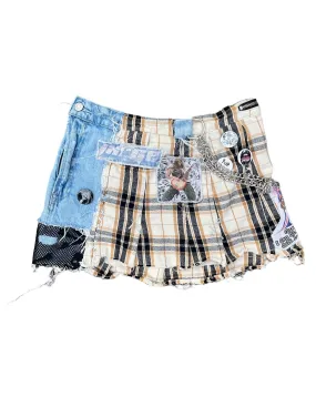 Patchwork Plaid & Denim Hybrid Skirt- S