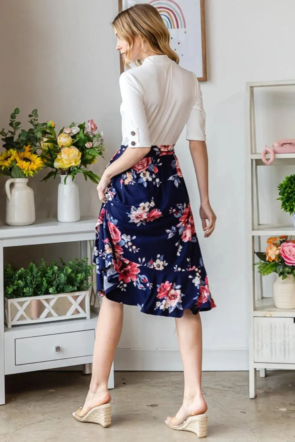 Reborn J Floral Wrap Ruffled Navy Skirt