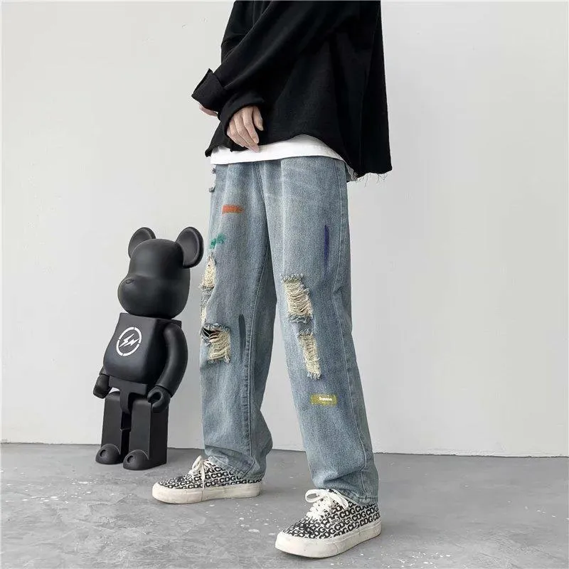 Ripped jeans men's thin section trendy brand wide-legged straight loose nine-point beggar daddy pants