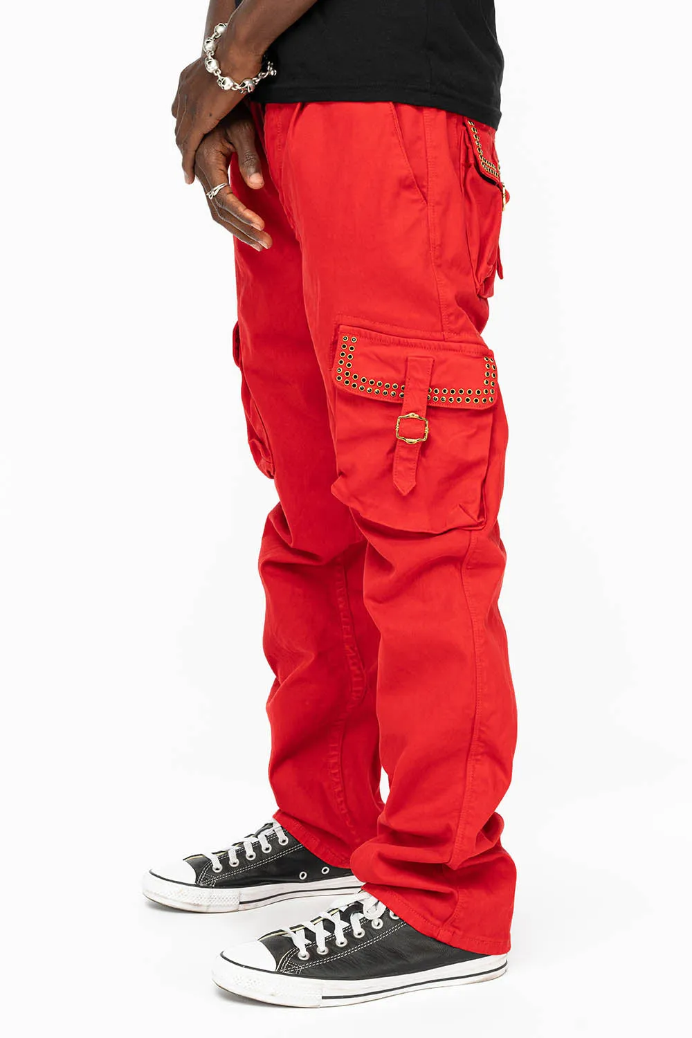 ROBINS NEW MILITARY STYLE CARGO PANTS IN RED WITH JET BLK CRYSTALS