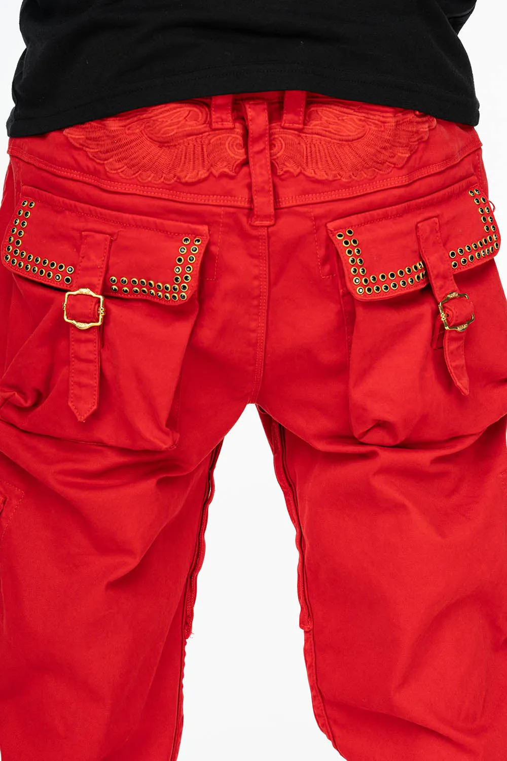 ROBINS NEW MILITARY STYLE CARGO PANTS IN RED WITH JET BLK CRYSTALS