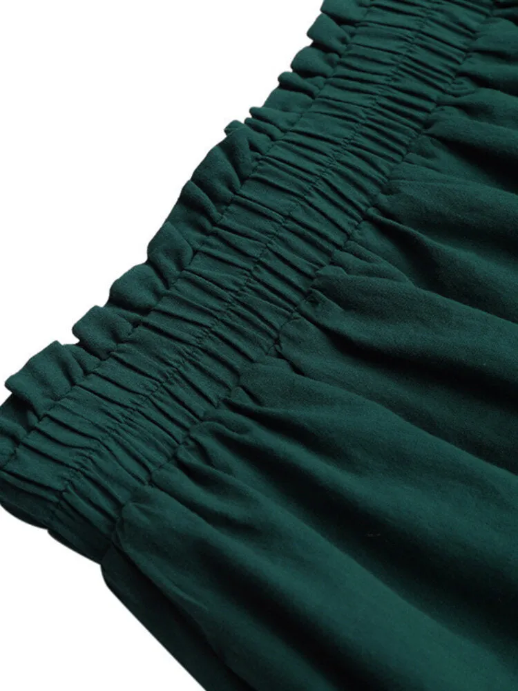 Solid Color A-Line Ruffle Hem Elastic Waist Pleated Casual Skirts For Women