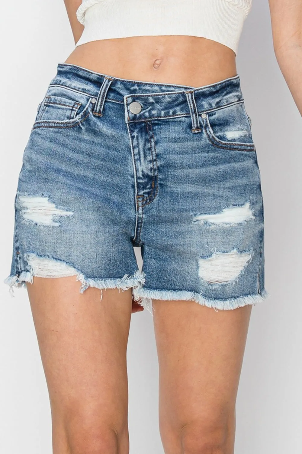 Stepped Waist Frayed Denim Shorts