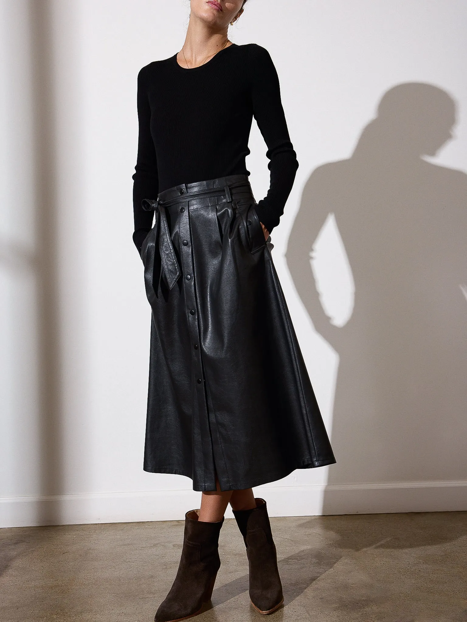 The Teagan Vegan Leather Belted Skirt