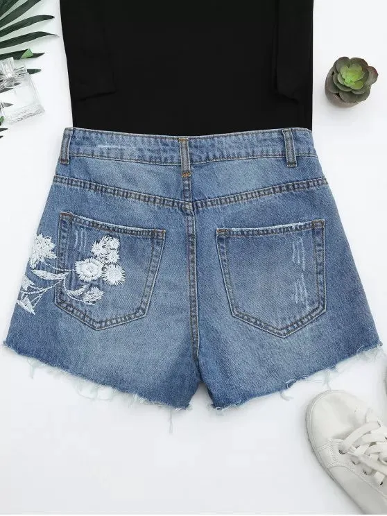 Trendy Cutoffs Ripped Floral Embroidered Denim Shorts