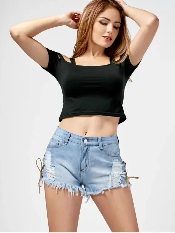 Trendy Lace Up Ripped Frayed Denim Shorts